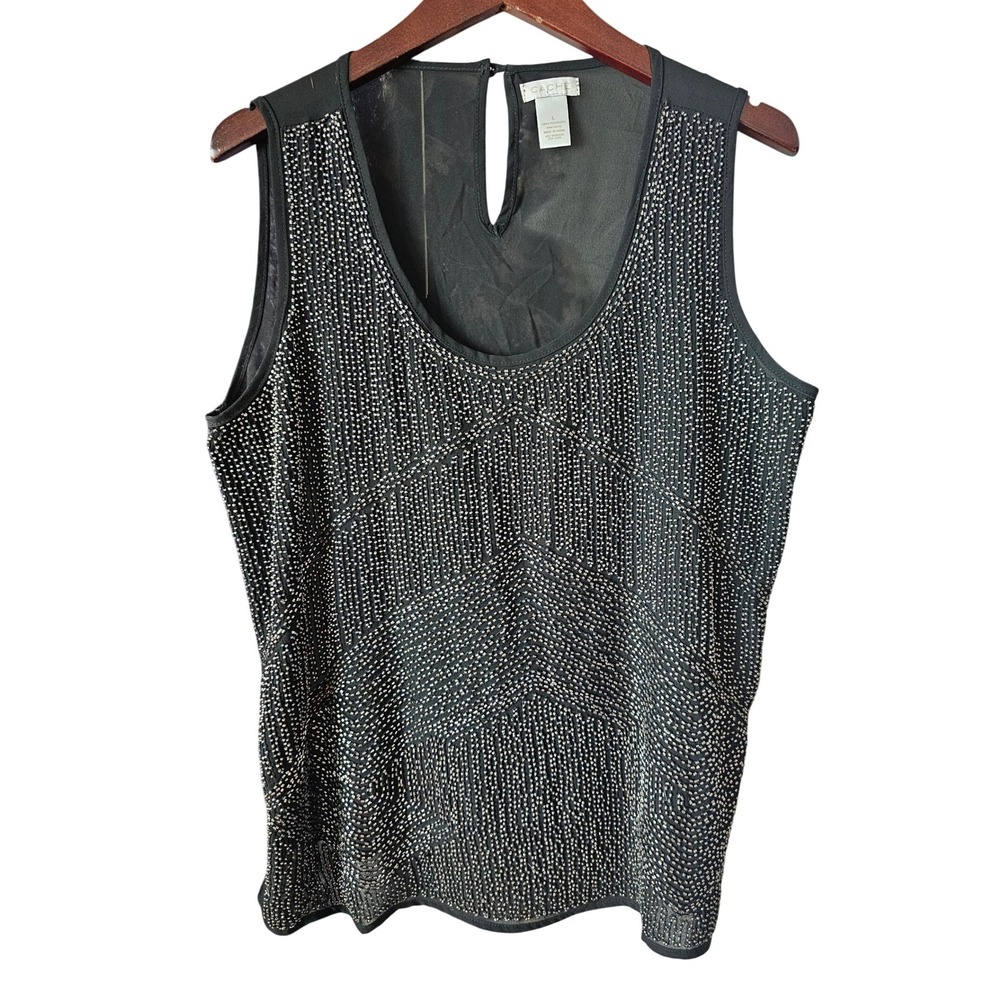 Cache Black Sleeveless Beaded‎ Top Party Tank Festival Sparkly Blouse L